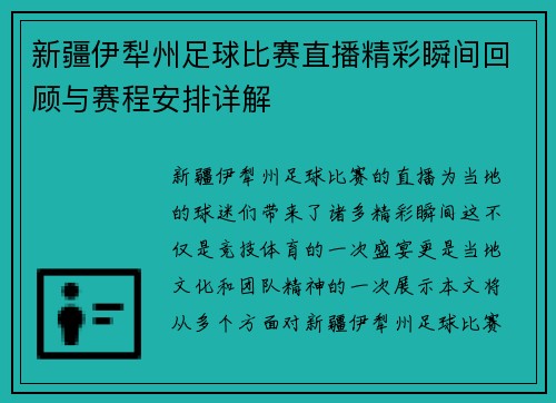 新疆伊犁州足球比赛直播精彩瞬间回顾与赛程安排详解
